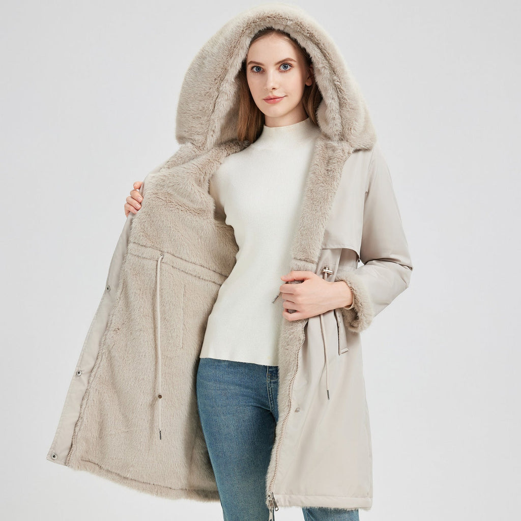 Women's Elegant and Warm Parka with Detachable Faux Fur Collar and Practical Lacing Details