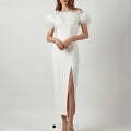 Evening Dress with Feather-Trimmed Bodice