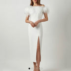 Evening Dress with Feather-Trimmed Bodice