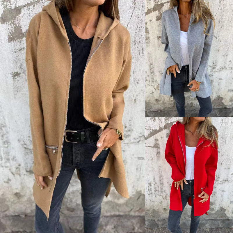 Women's Casual Coat with Hood and Asymmetrical Cut