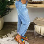 Women's Boyfriend Jeans with Button Fly and Distressed Details