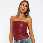 Women's Faux Leather Bandeau Top with Ruffle Details