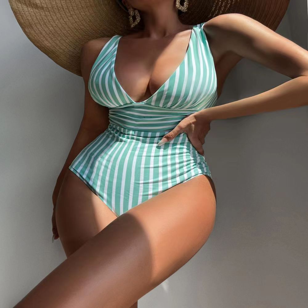 Women's Deep V-Neck Striped Swimsuit