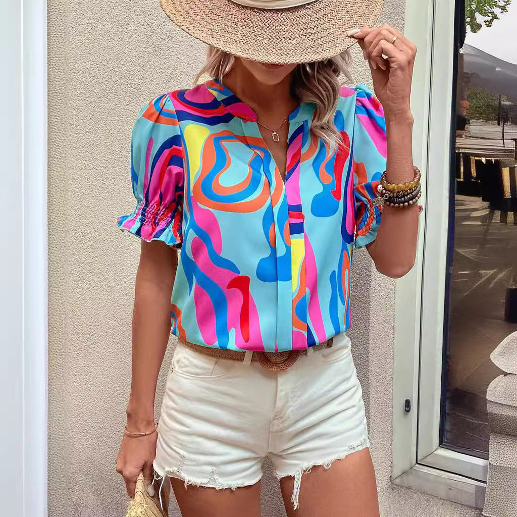 Women's Blouse with Puff Sleeves and Graphic Design