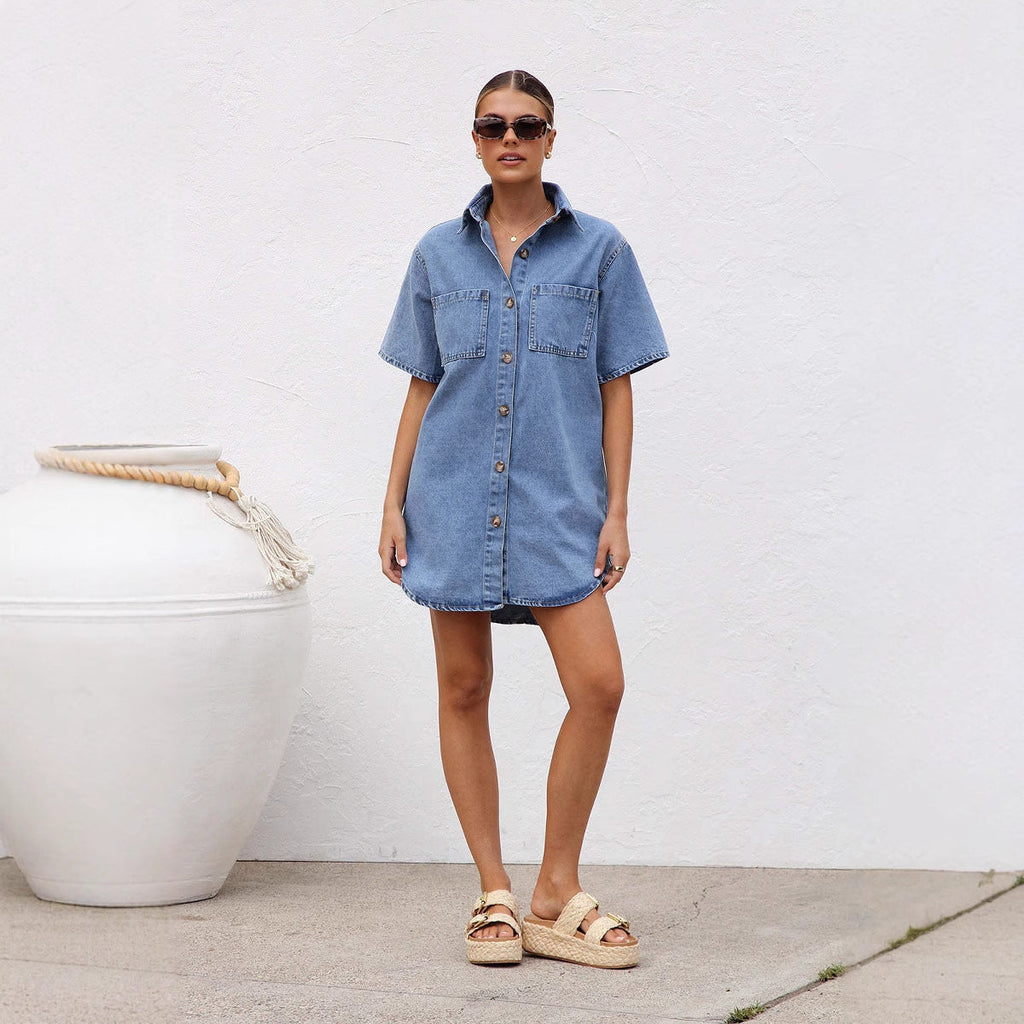 Women's Denim Shirt Dress with Short Sleeves and Pockets