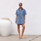 Women's Denim Shirt Dress with Short Sleeves and Pockets