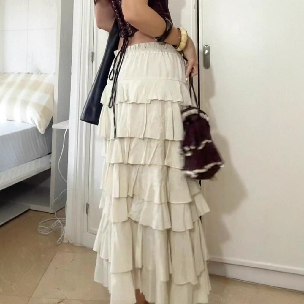 Women's Tiered Midi Skirt with Ruffles and Elastic Waistband