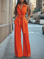 Elegant Women's Jumpsuit with Chic Collar and Waist Belt