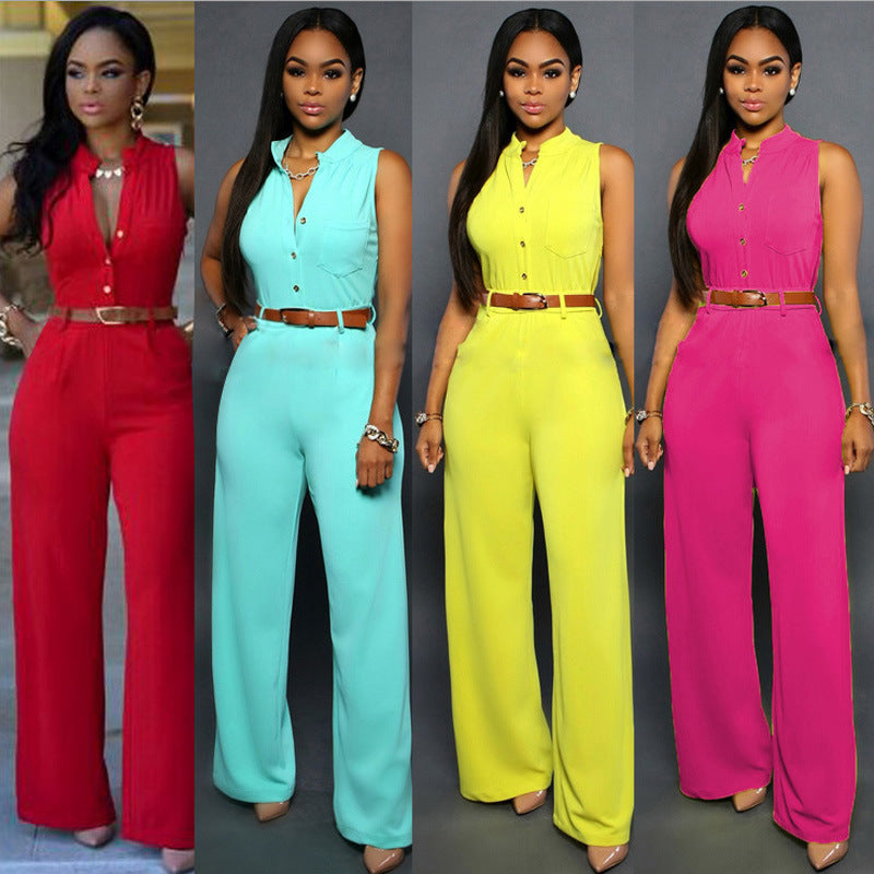 Women's Elegant Jumpsuit with Belt and Button Detail