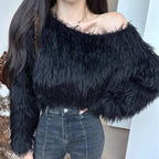 Women's Fluffy Off-Shoulder Long Sleeve Pullover