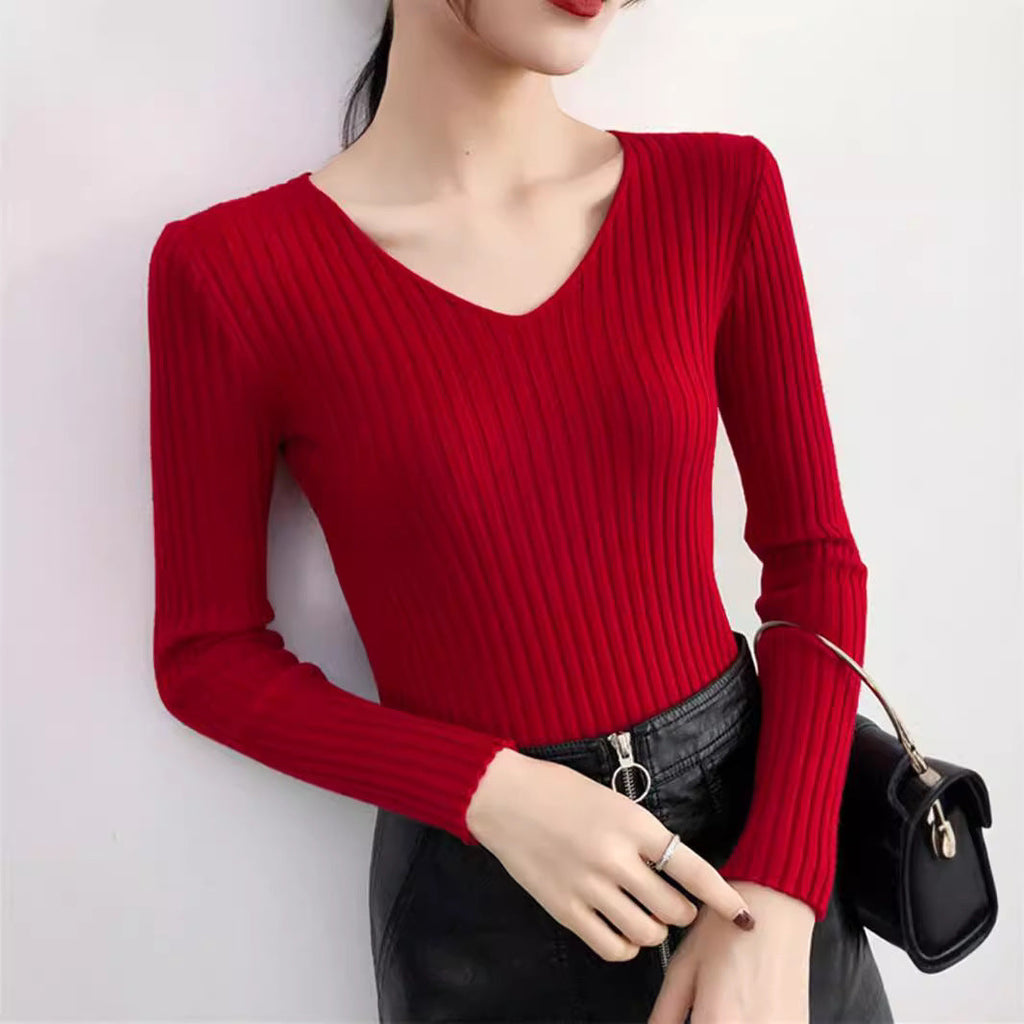 Women's Fine Knit V-Neck Ribbed Sweater