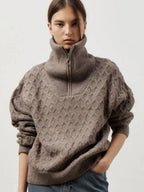 Women's Patterned Knit Sweater with High Collar and Half-Zip