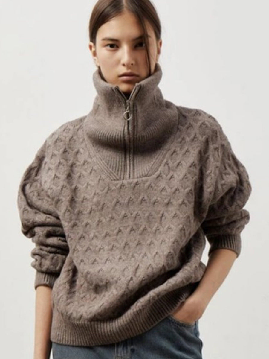 Women's Patterned Knit Sweater with High Collar and Half-Zip