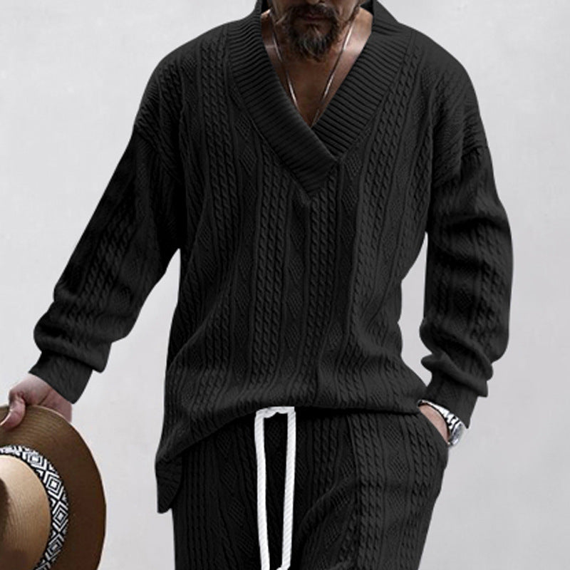 Men's cable knit set with deep V-neck and drawstring joggers