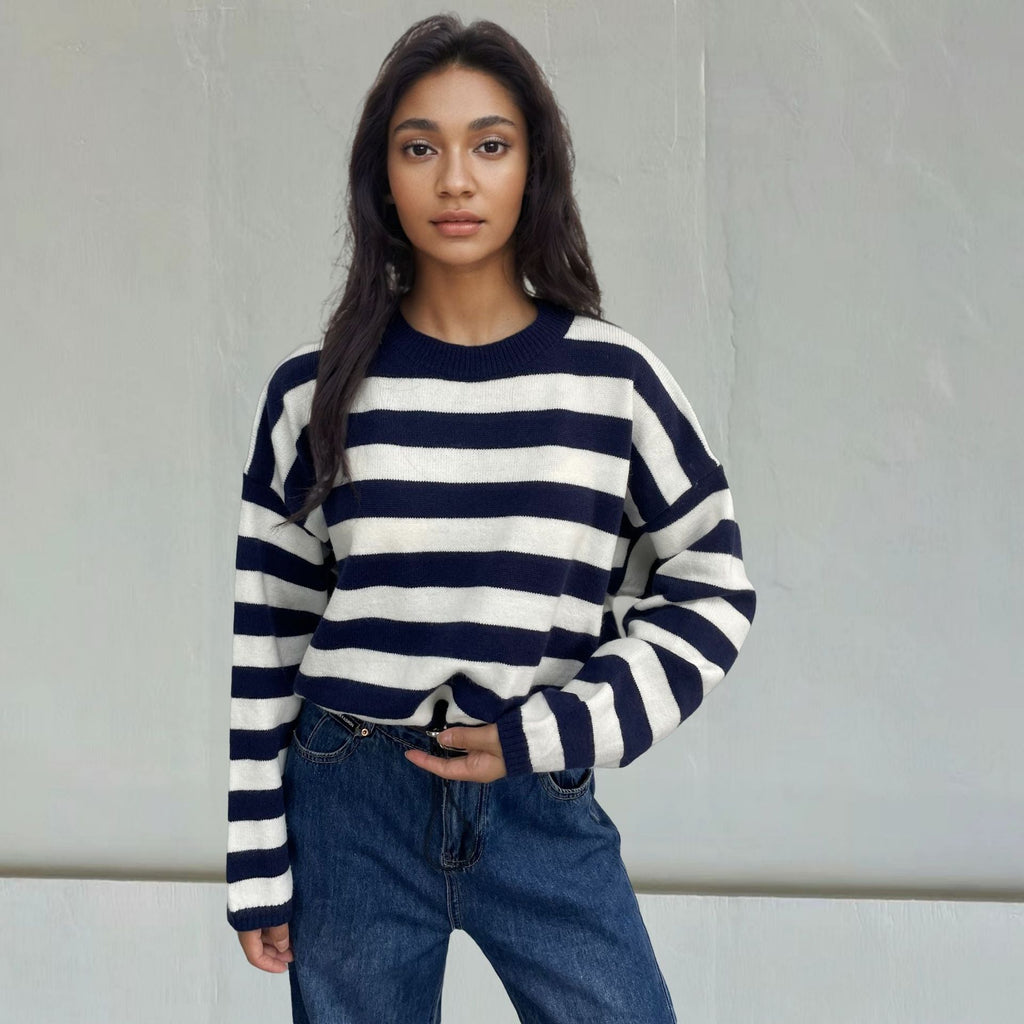 Women's Cozy Striped Sweater with Casual Fit and Deep Hem
