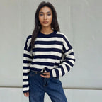 Women's Cozy Striped Sweater with Casual Fit and Deep Hem