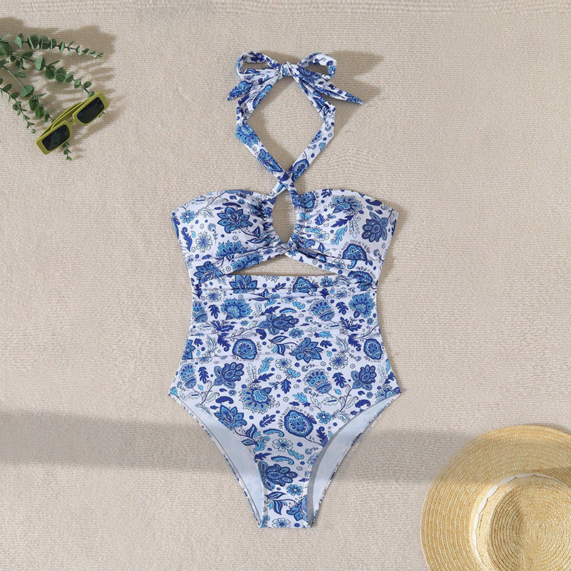 Women's Swim Dress with Fashionable Cut-Out and Chic Floral Pattern
