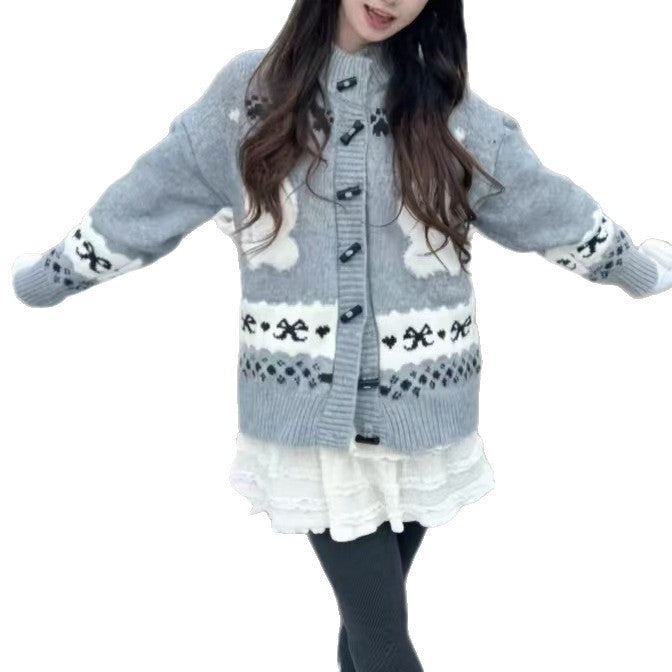 Women's Patterned Cardigan with Animal Motif and Button Details
