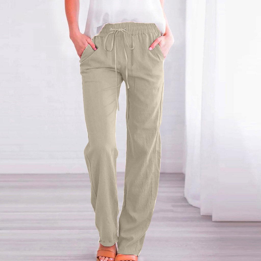 Women's Comfortable Linen Pants with Elastic Waist and Pockets