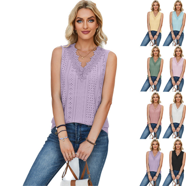 Women's Sleeveless Top with Decorative Eyelet Patterns and Lace Trim