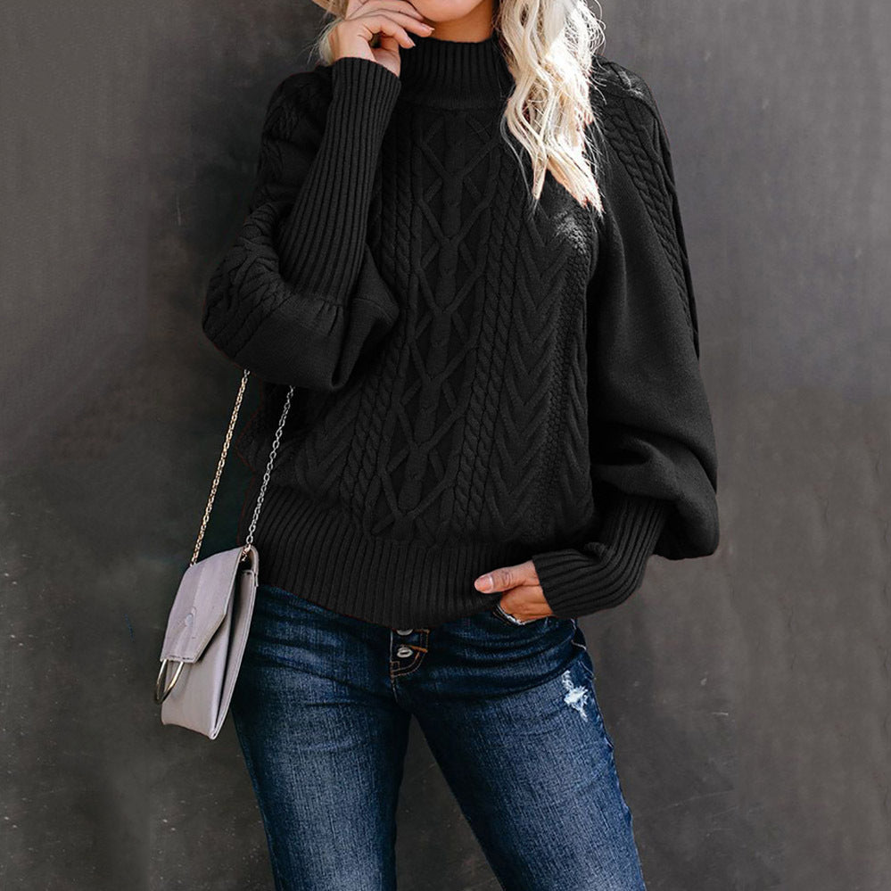 Women's Chunky Knit Sweater with High Neck and Casual Balloon Sleeves