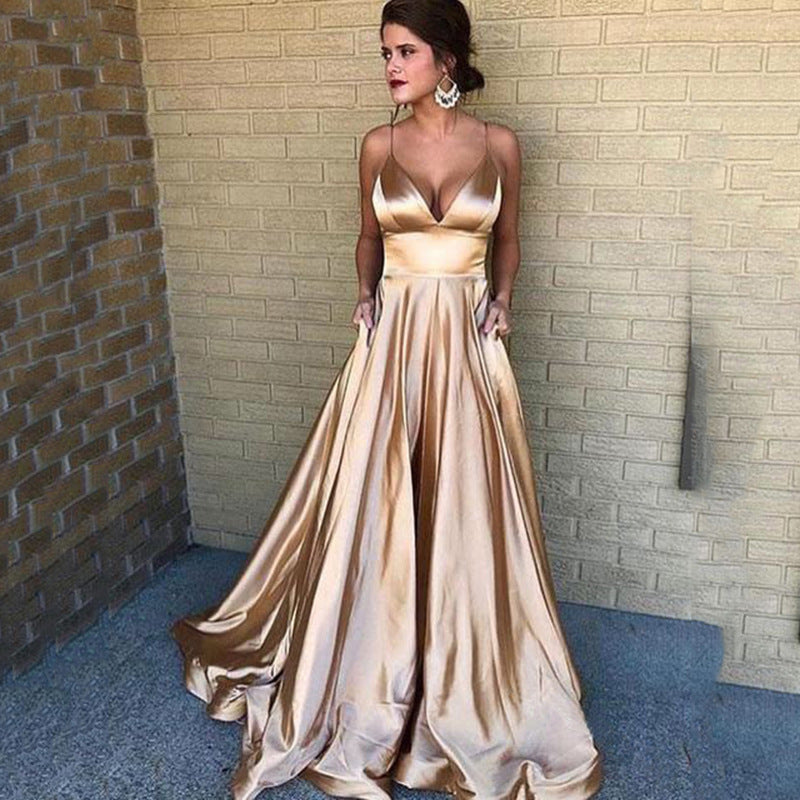 Women's A-Line Evening Dress with Deep Neckline and Thin Straps
