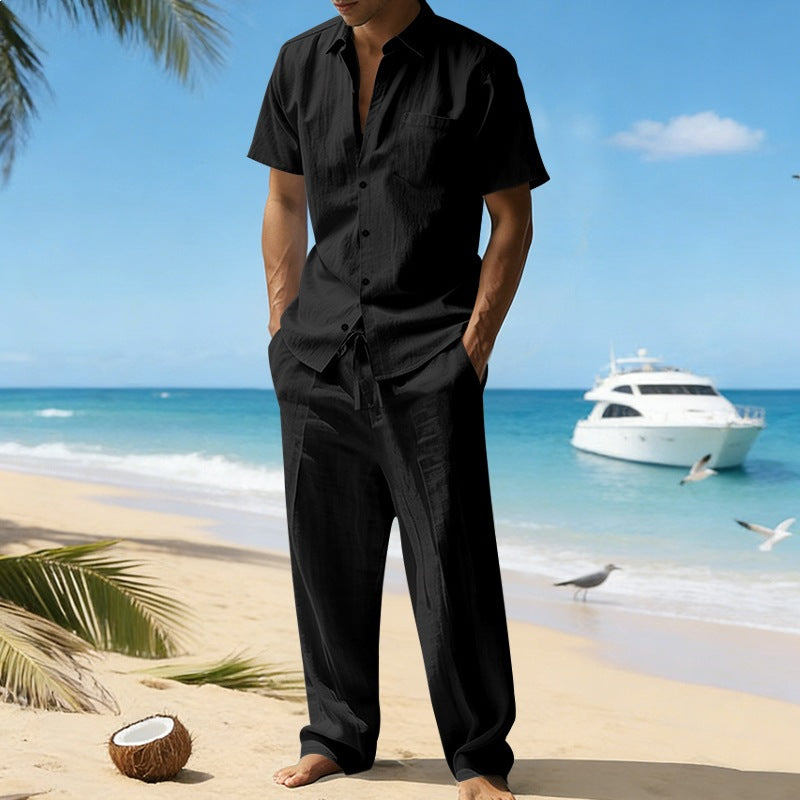Men's resort-appropriate short-sleeve shirt with chest pocket and casual linen drawstring pants