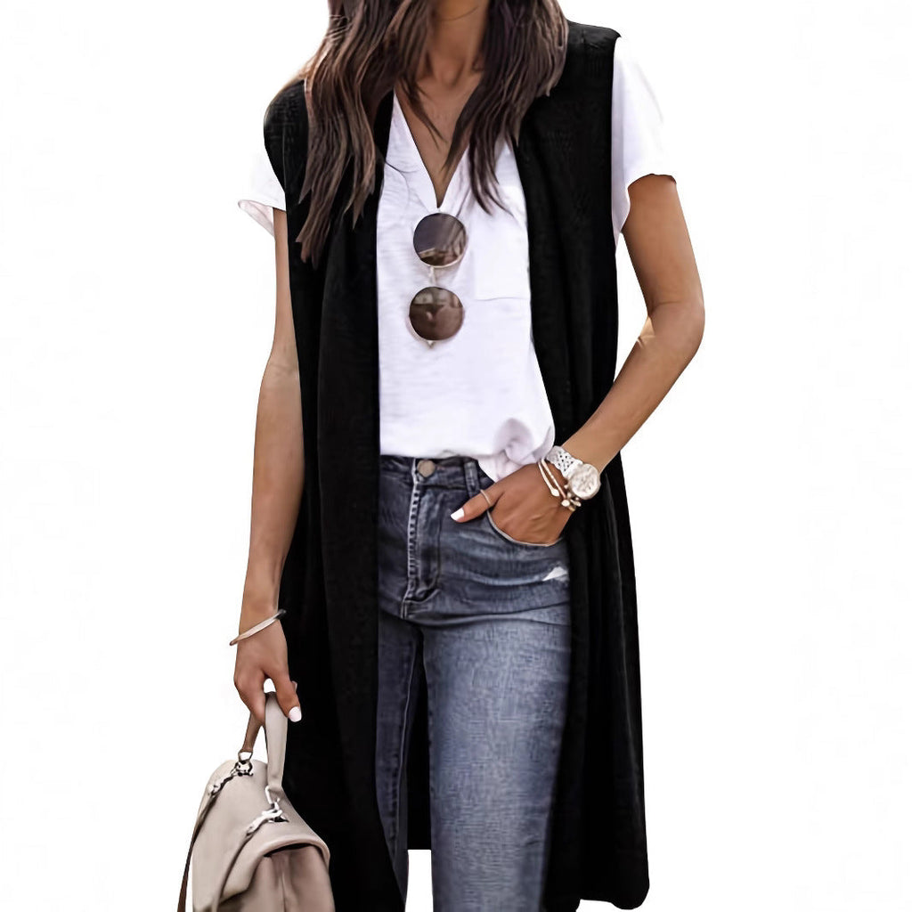 Women's Longitudinal Knit Coat with Side Slits