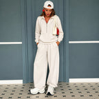 Women's Casual Zip Sweat Set with Polo Collar and Wide Jogger Cut