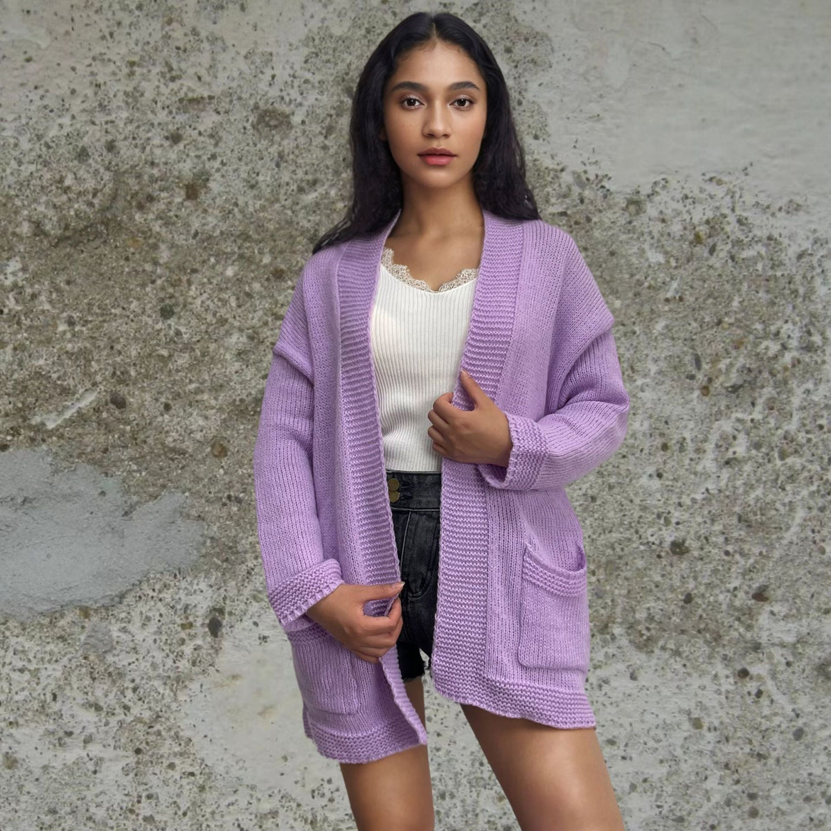Women's Chunky Knit Cardigan with Practical Cut and Oversized Fit