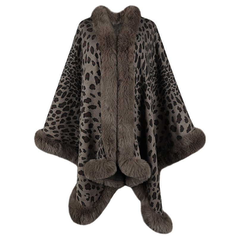 Women's Cozy Poncho with Faux Fur Trim and Leopard Print