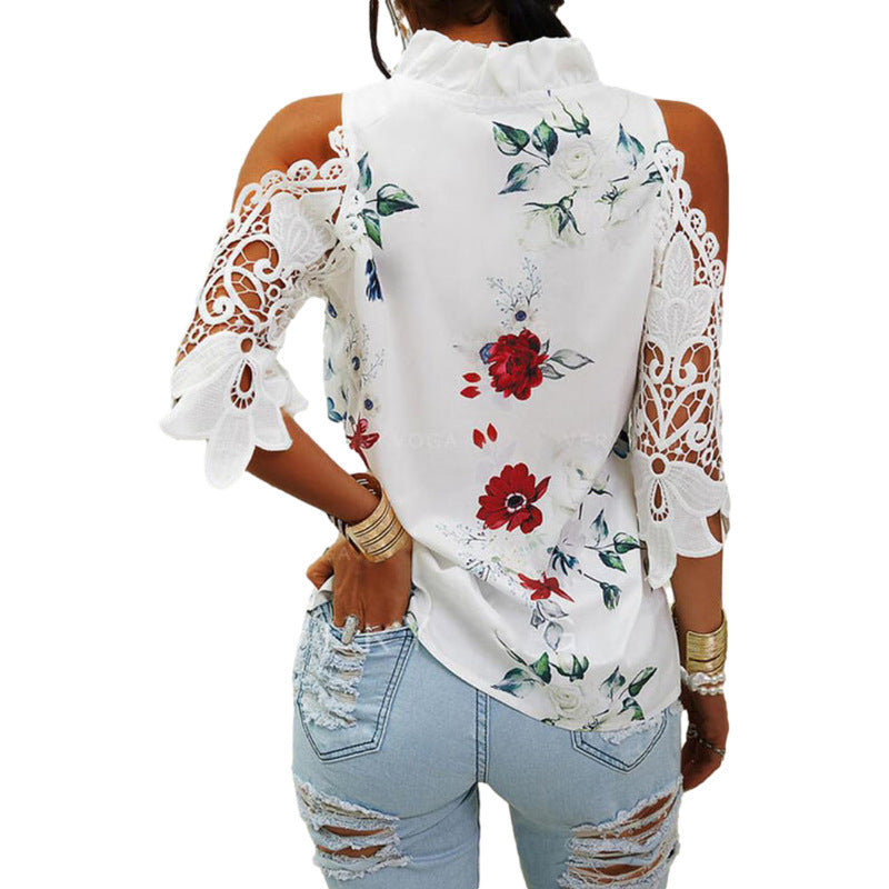 Women's Blouse with Cut-Out Sleeves and Floral Design