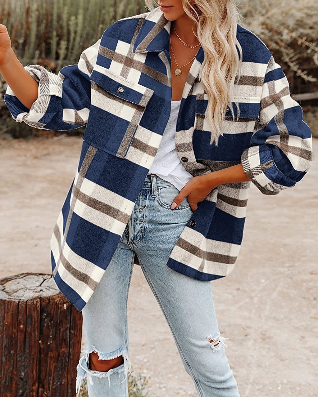 Women's Plaid Wool-Blend Coat with Practical Pockets