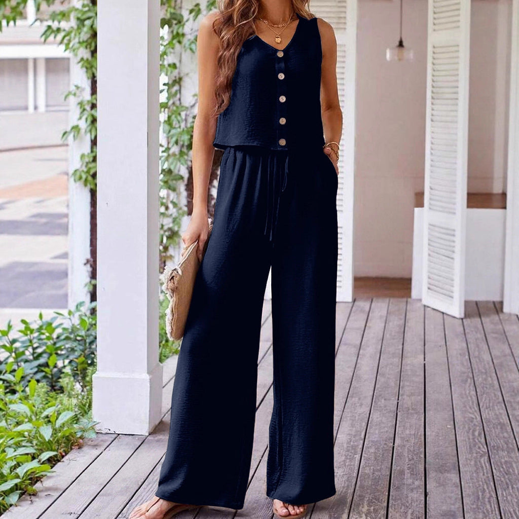 Women's Wide-Leg Jumpsuit with Button Detail