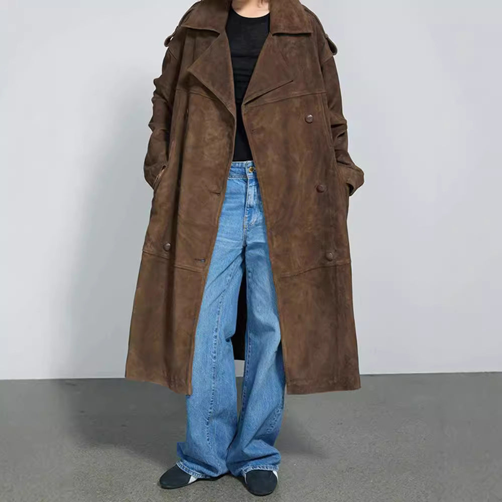 Women's Elegant Suede Trench Coat with Oversized Fit