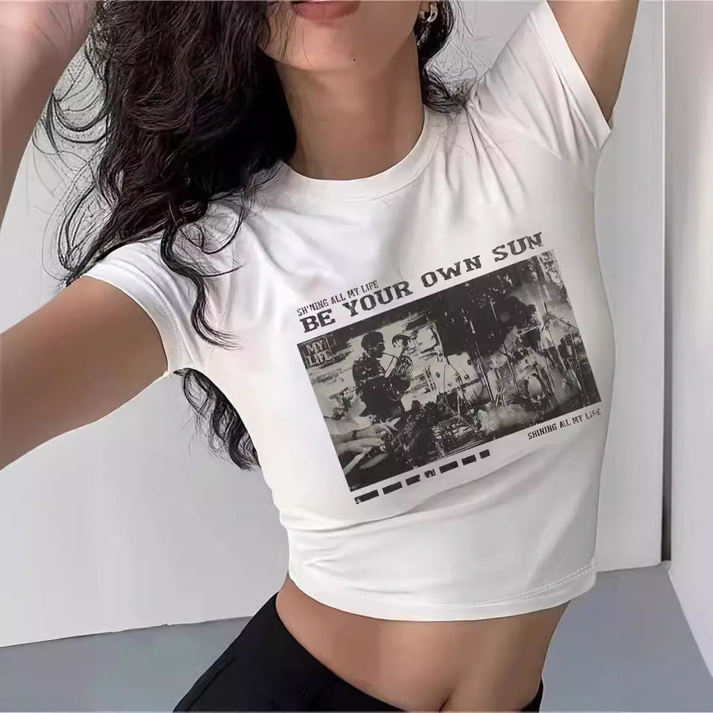 Women's Crop T-Shirt with Graphic Print and Star Design