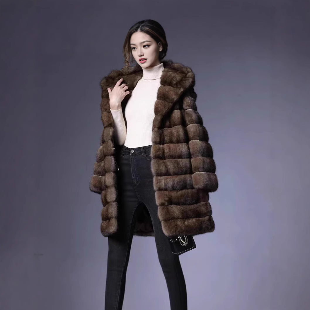 Women's Luxurious Faux Fur Coat in Fashionable Patchwork Design