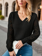 Elegant V-Neck Knit Sweater with Crocheted Sleeves