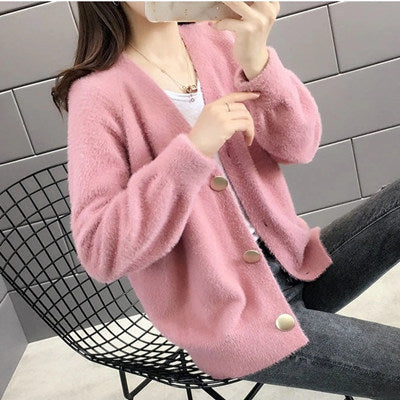 Women's Fluffy Cardigan with Elegant Button Details