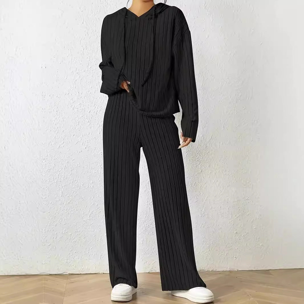 Women's Casual Knit Set with Soft Hoodie and Wide-Leg Pants