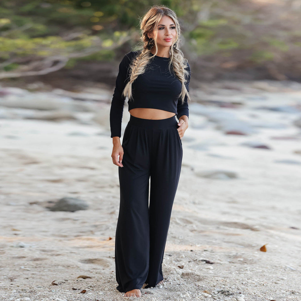 Women's Casual Wide-Leg Jumpsuit with Long Sleeves and Pockets