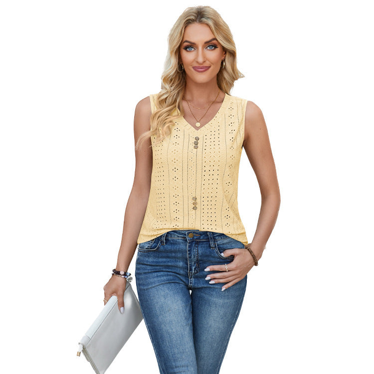 Women's Sleeveless Blouse with Button Details and Romantic Eyelet Pattern