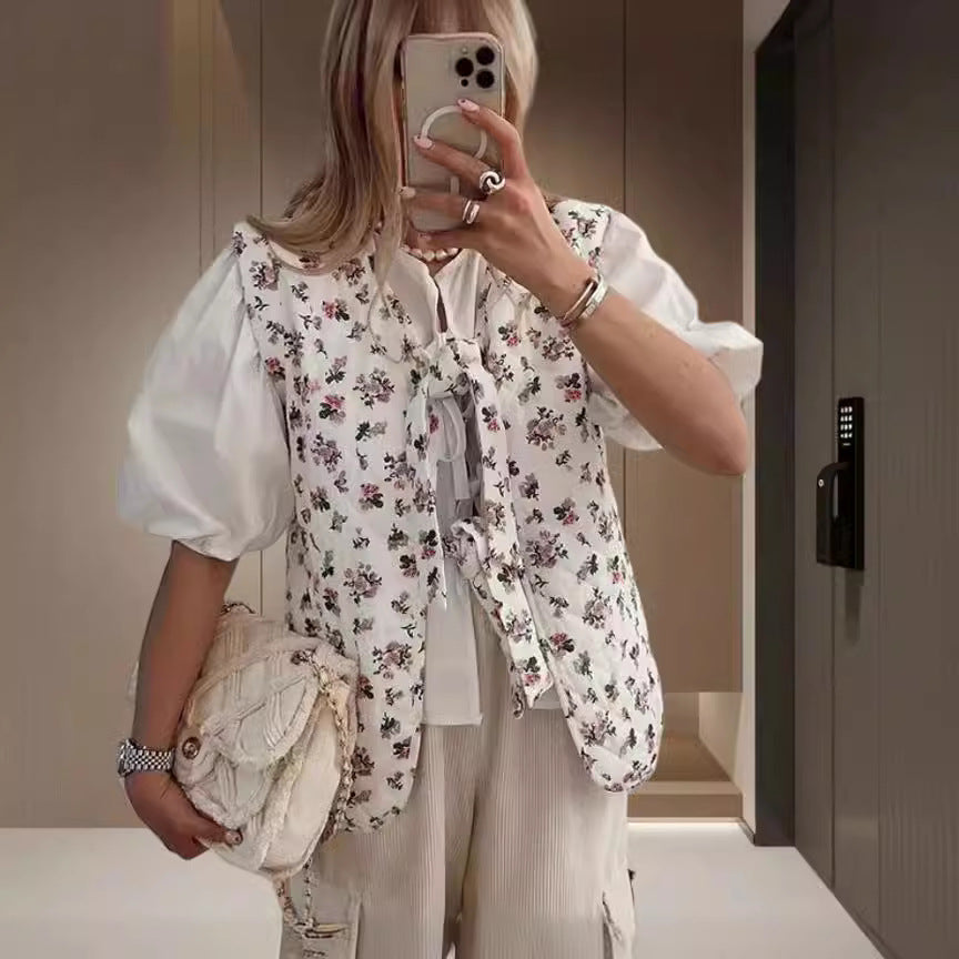Women's Blouse with Floral Accents and Tie Detail