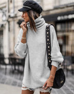 Women's Chunky Knit Sweater with High Collar and Casual Fit