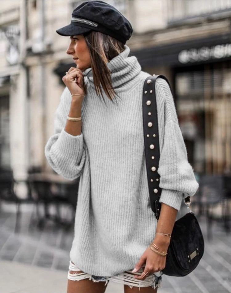 Women's Chunky Knit Sweater with High Collar and Casual Fit