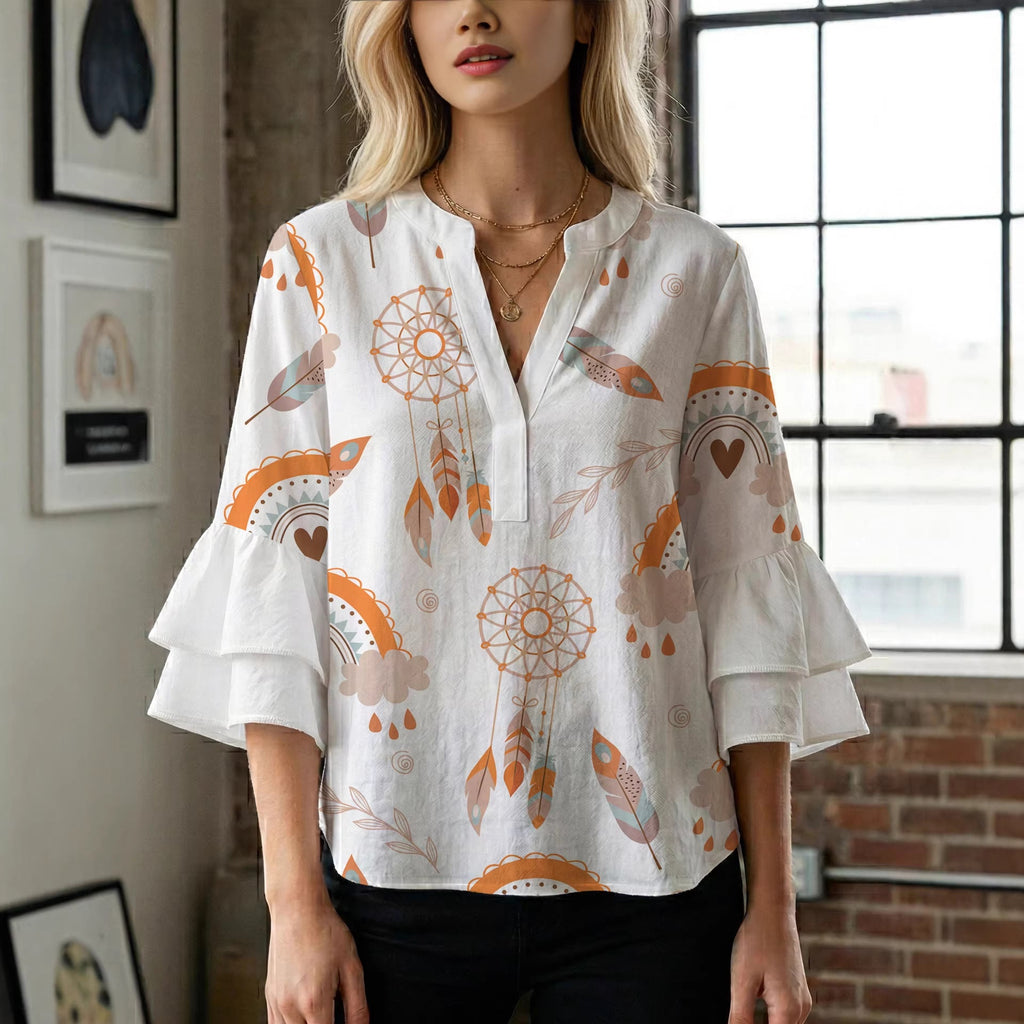 Women's Blouse with Voluminous Flutter Sleeves and Leaf Print