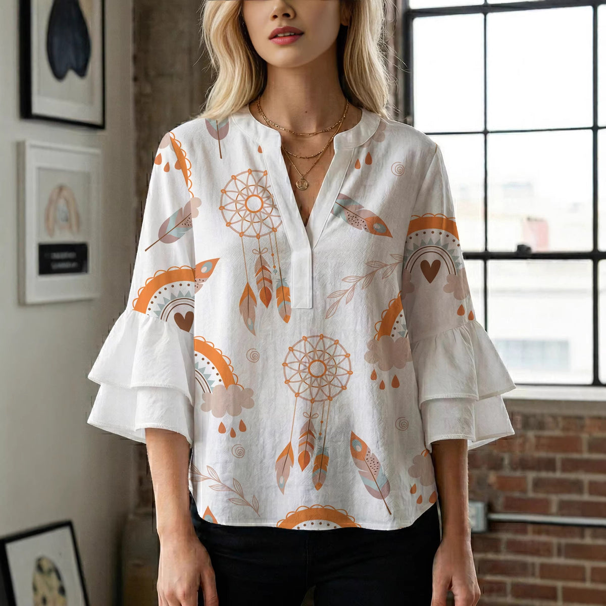 Women's Blouse with Voluminous Flutter Sleeves and Leaf Print
