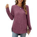 Women's Casual Ribbed Long-Sleeve Shirt with Side Slits