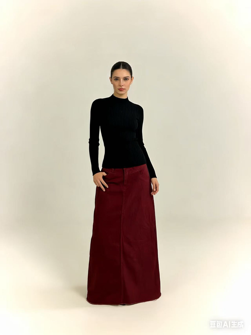 Women's High-Waisted Denim Maxi Skirt with Frayed Hem