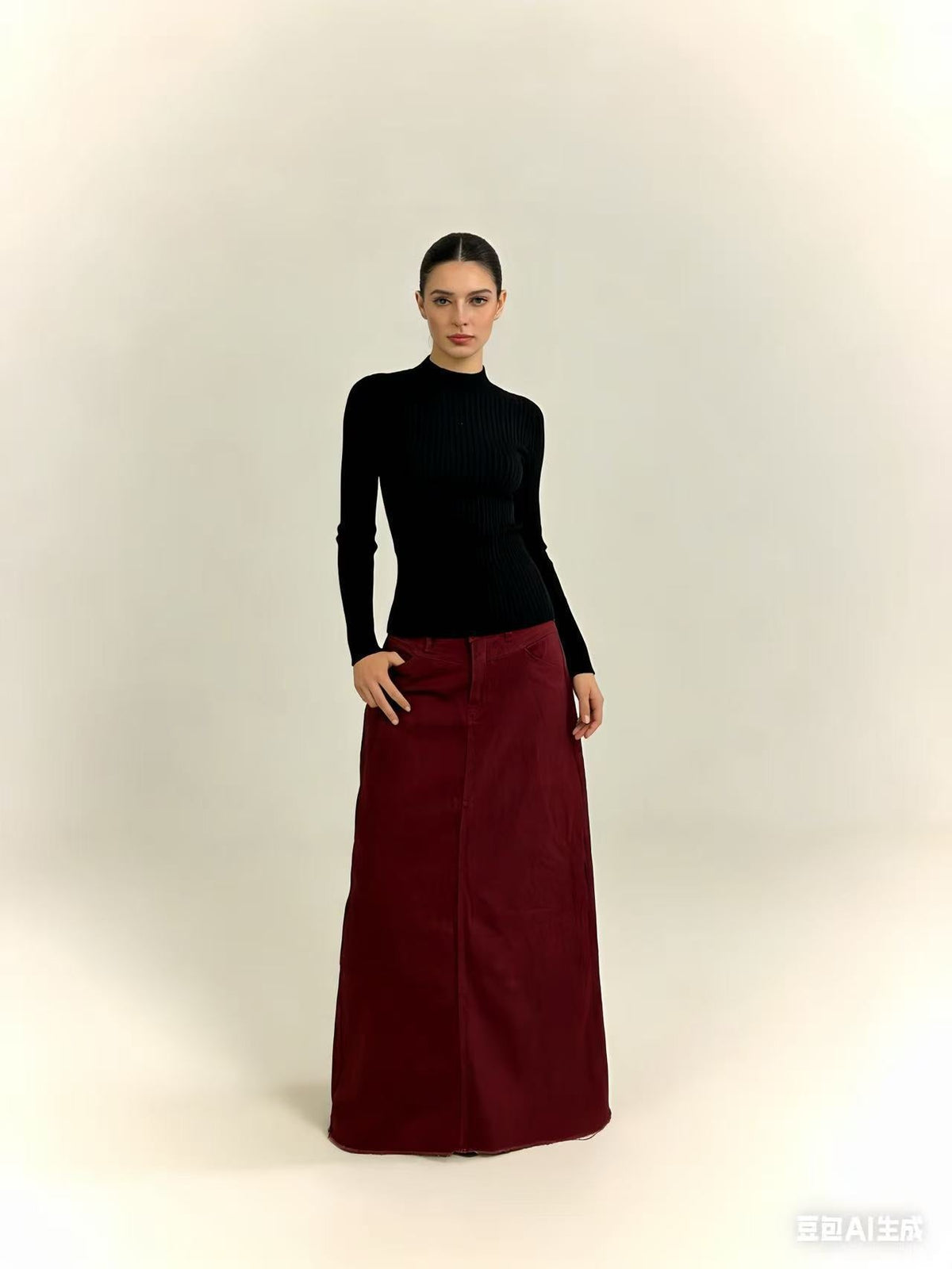 Women's High-Waisted Denim Maxi Skirt with Frayed Hem